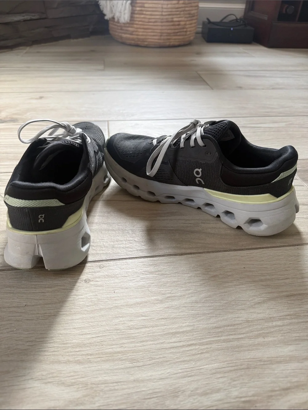 On Cloud Cloudnova Dark Gray with light blue and Light Yellow/Green sneakers